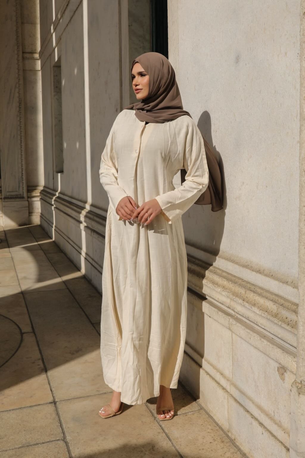 beige flowy dress Right On Cue Light Cotton Contrast Trim Sleeveless Maxi understated look Beige Floral Linen Maxi Dress